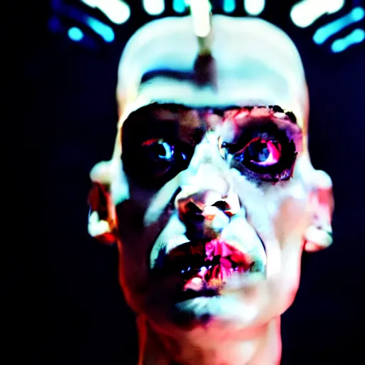 Image similar to cinematic portrait of kristen mcmenamy as bride of frankenstein as a replicant in a busy nightclub, surprised, still from the movie ex machina, fashion photography, a sign is in the background, 8 k, high detail, face in focus