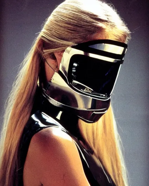 Image similar to young gwyneth paltrow wearing a futuristic mechanical mask with amber eye reflective lenses, and black leather body armor.