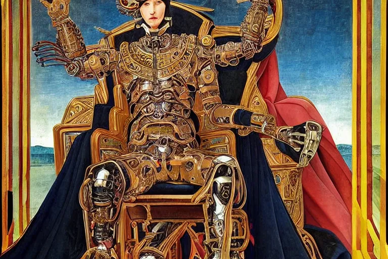 Image similar to beautifully painted mural of a cyborg king in his throne, ornate royal garments, sci fi royal throne room, piercing glowing eyes, intricate, highly detailed, incredible lighting, sci fi scenery, fantasy setting, vogue cover poses, masterful painting, mural in the style of sandro botticelli, caravaggio, albrecth durer