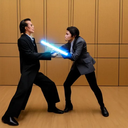 Image similar to a lightsaber battle between two lawyers in a courtroom, photograph, 8k, professional