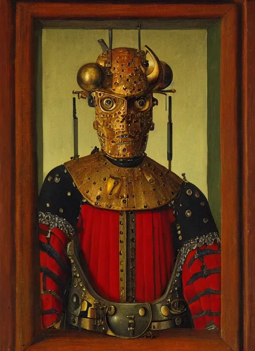 Image similar to a portrait of a warrior robot by Jan van Eyck