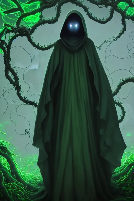 Image similar to A full body portrait of a ghost like character with no face, glowing eyes and a very long hooded dark green cloak of leaves and vines, forest spirits flying in the background art by Shaddy Safadi and Jason Chan, ominous, cosmic horror, trending on artstation, Ultra detailed, hyper realistic 4k