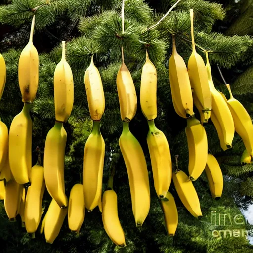 Image similar to 1 5 bananas hanging from a spruce tree, photograph, high quality, 4 k, uhd