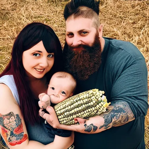 Image similar to photo of an attractive couple. The woman has long straight red hair. The man has a dark thick neatly groomed beard and tattoos. They are holding a giant corn and a cute baby.
