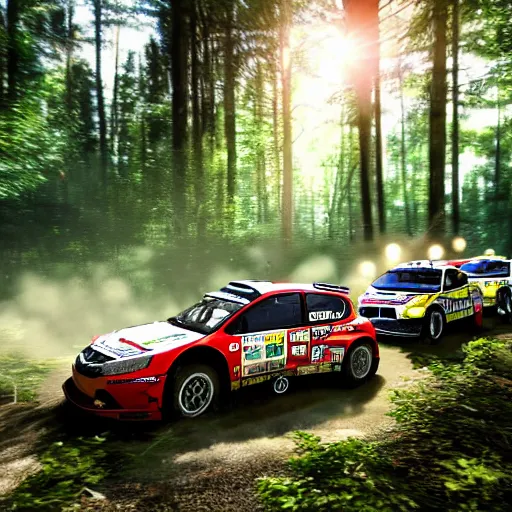 Image similar to 3 rally cars racing through a forest with a river behind them, sun shining through the trees, motion blur high detail ultra realistic