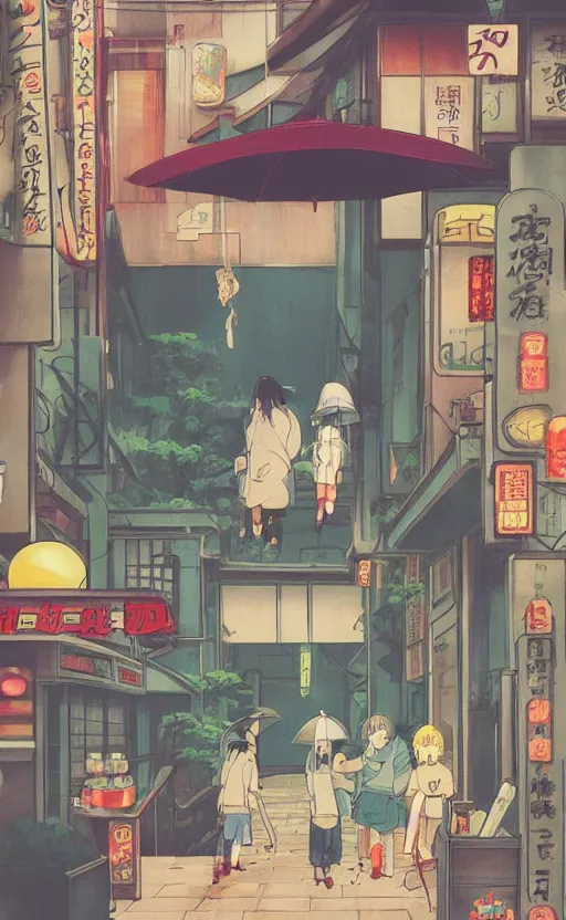 Image similar to pho, rainy day, anime, japan, ghibli, 9 0 s, retro style, aesthetic, chill, room