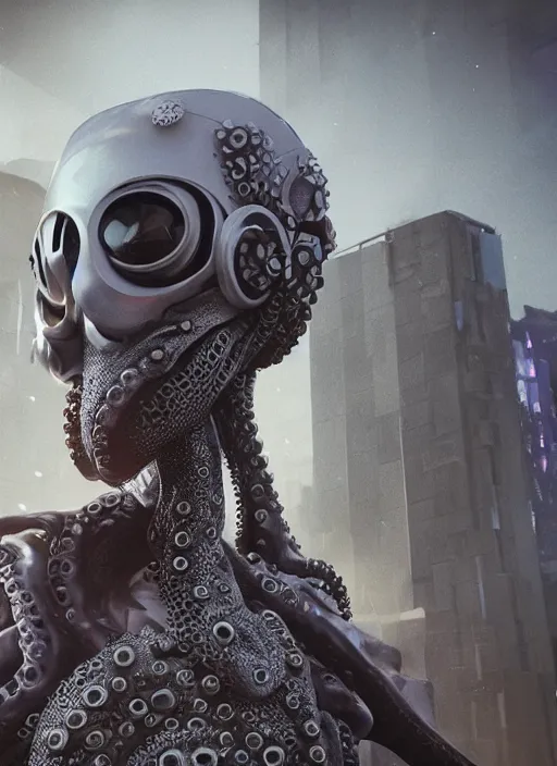 Image similar to hyperrealism, detailed textures, photorealistic 3 d cyberpunk octopus queen in apocalyptic city, futuristic clothing and helmet, ultra realistic, cinematic, intricate, low light, unreal engine 8 k