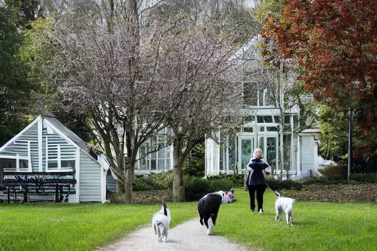 Prompt: the sour, dour, angry, gray - haired lady across the street is walking her three small white and black dogs. she shuffles around, looking down. highly detailed. green house in background. large norway maple tree in foreground. view through windows.