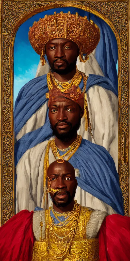 Prompt: a stunning and noble highly detailed romantic period style portrait of Mansa Musa by Josep Tapiró Baró, trending on artstation, oil painting masterpiece, symmetry, African iconography