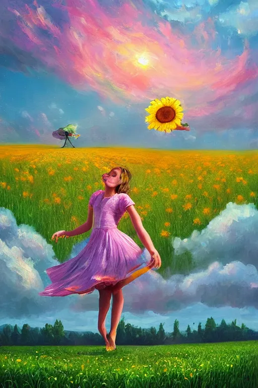 Image similar to giant daisy flower as head, girl dancing in a flower field, surreal photography, sunrise, dramatic light, impressionist painting, colorful clouds, digital painting, artstation, simon stalenhag