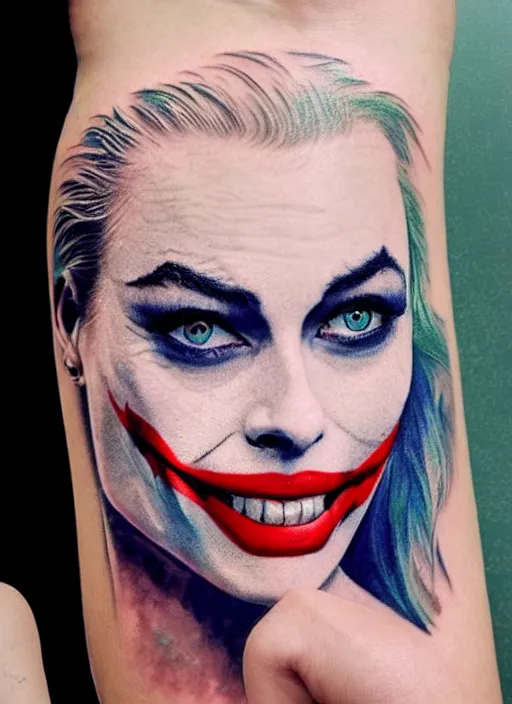 Image similar to tattoo design of beautiful margot robbie with slight joker makeup, holding an ace card, slight smile, in the style of den yakovlev, realistic face, black and white, realism tattoo, hyper realistic, highly detailed