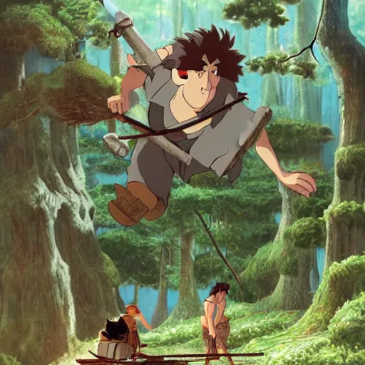 Prompt: giant ogres holding saws and cutting down trees, fantasy, magical, unreal, by studio ghibli, matte painting