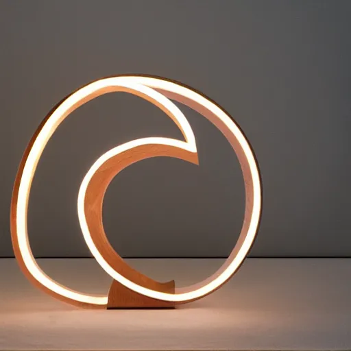 Image similar to circle shaped sculpture, curves, wood, lights