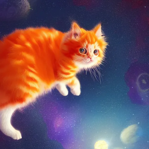 Prompt: A fuzzy orange kitten sitting on planet earth in space with stars, by Makoto Shinkai and thomas kinkade, digital painting, Matte painting, trending on artstation and unreal engine