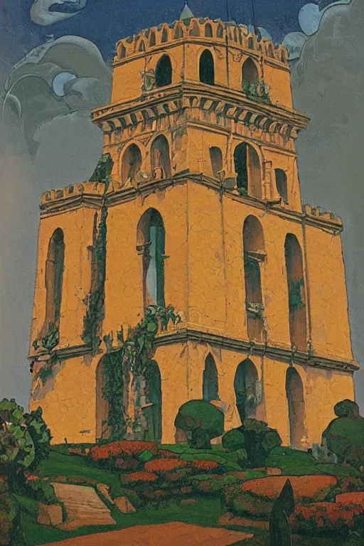 Image similar to view of the ancient tiled white tower in its gardens after a storm, tall windows, beautiful moorish ornament, dramatic cinematic lighting, rich colors, golden age illustration, by Sylvain Sarrailh and Nicholas Roerich and Ludwig Deutsch