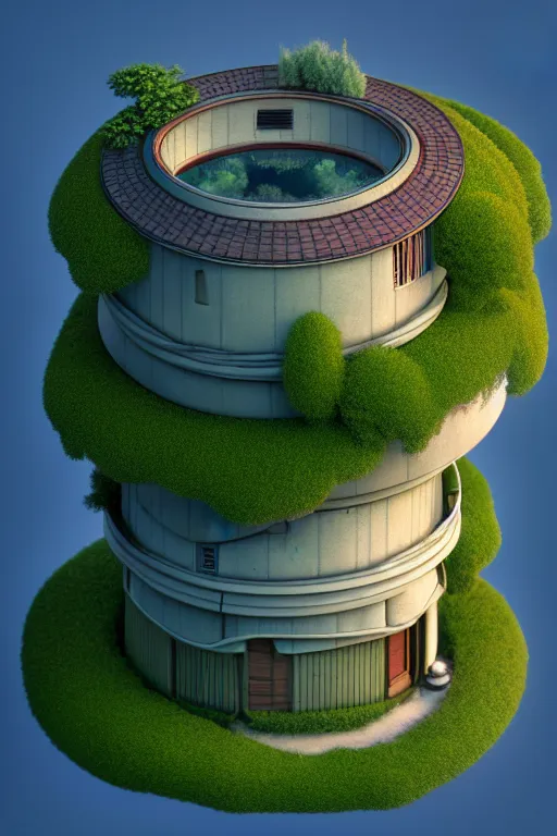 Image similar to cylindrical house, solarpunk, studio ghibli, jean - baptiste monge, octane render, 4 k