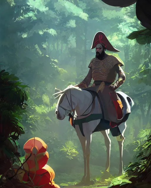 Prompt: portrait of karim benzema as a spanish conquistador in a jungle, by rhads, makoto shinkai and lois van baarle, studio ghibli color scheme, highly detailed, rim light, cinematic lighting, illustration, art, octane render, very coherent, cinematic, hyper realism, high detail, 8 k