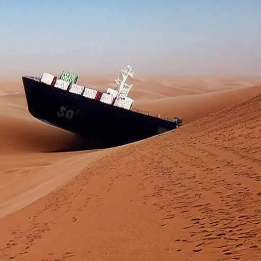 Prompt: a massive cargo ship falls from the sky landing violently on a sand dune in the sahara desert