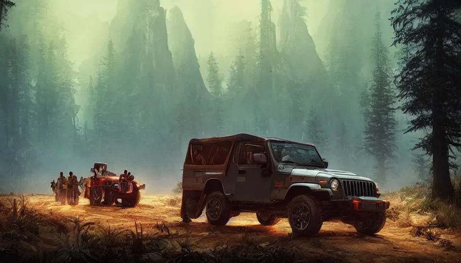 Image similar to Mahindra Thar with tribe members nearby, an epic fantasy, dramatic lighting, cinematic, establishing shot, extremely high detail, photorealistic, cinematic lighting, artstation, by simon stalenhag, horizon forbidden west