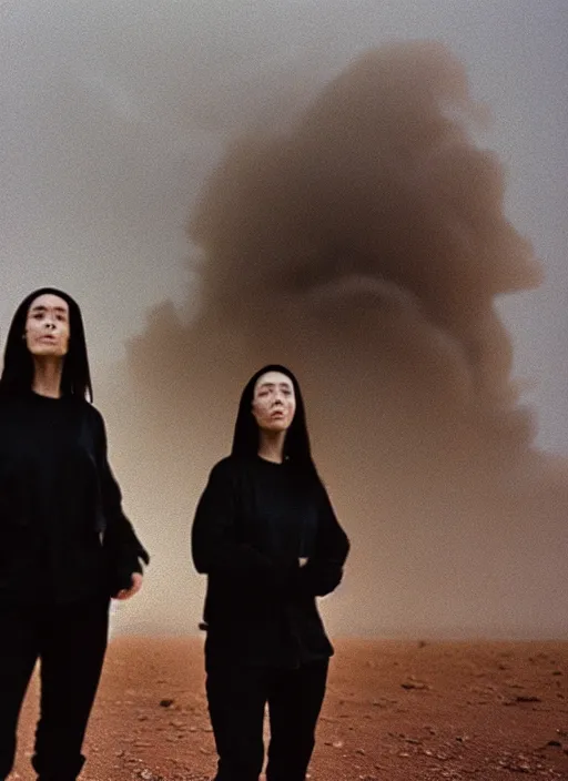 Image similar to cinestill 5 0 d photographic portrait of two loving clones, women wearing rugged black techwear on a desolate plain with a red sky, closeup, diverse species, cyberpunk, in front of a brutalist dark metal facility, dust storm, 3 5 mm, 8 k, depth of field, high resolution