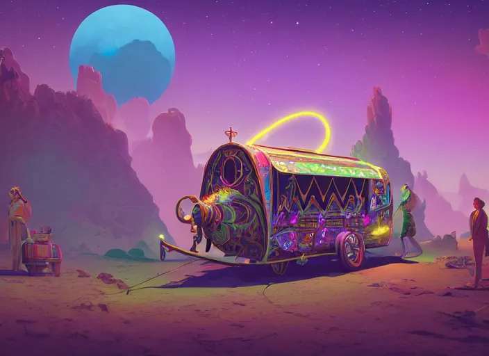 Image similar to a luminescent gypsy caravan by paolo eleuteri serpieri and tomer hanuka and chesley bonestell and daniel merriam and tomokazu matsuyama, unreal engine, high resolution render, featured on artstation, octane, 8 k, highly intricate details, vivid colors, vector illustration