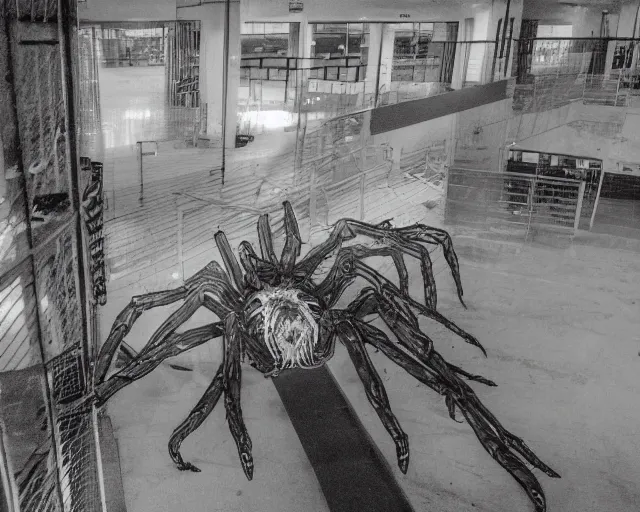 Image similar to camera footage of a Gigantic Spider Demon in an abandoned shopping mall, high exposure, dark, monochrome, camera, Unreal engine 5, grainy, CCTV, security camera footage, timestamp, zoomed in, fish-eye lens, Evil, spider, horrifying, lunging at camera :4