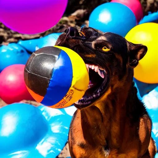 Image similar to snarling hellhound dog playing with a colorful beachball in hell