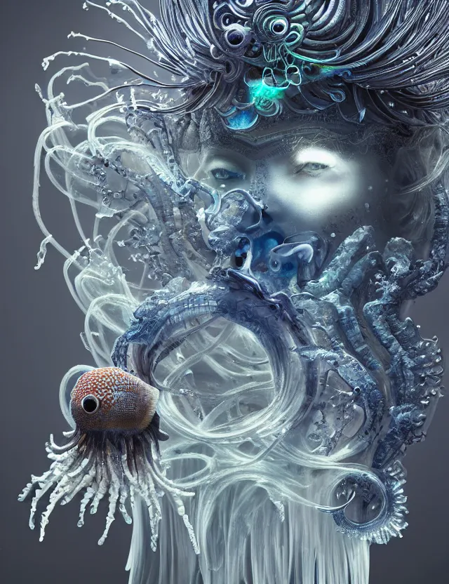 Image similar to goddess macro close - up portrait wigh crown made of ram skull. betta fish, jellyfish phoenix, bioluminiscent, plasma, ice, water, wind, creature, super intricate ornaments artwork by tooth wu and wlop and beeple and greg rutkowski