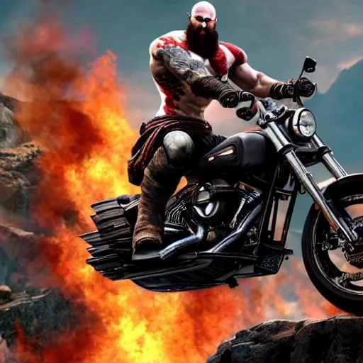 Image similar to kratos jumping a black harley - davidson motorcycle off a cliff, cinematic render, playstation studios official media, god of war 2 0 1 8, flames, centered