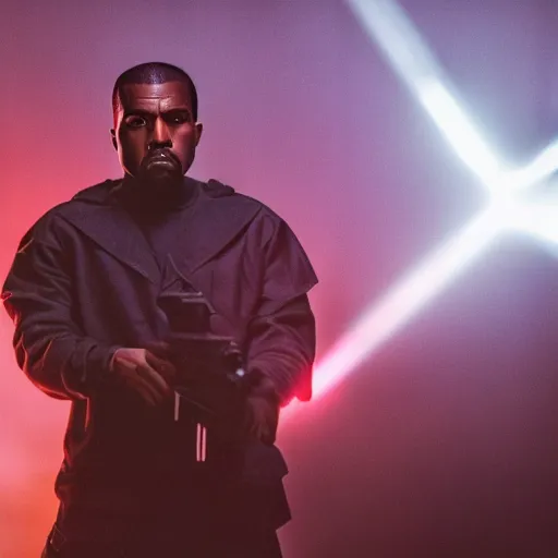 Image similar to Movie still of Kanye West as the Punisher, splash art, movie still, cinematic lighting, dramatic, octane render, long lens, shallow depth of field, bokeh, anamorphic lens flare, 8k, hyper detailed, 35mm film grain