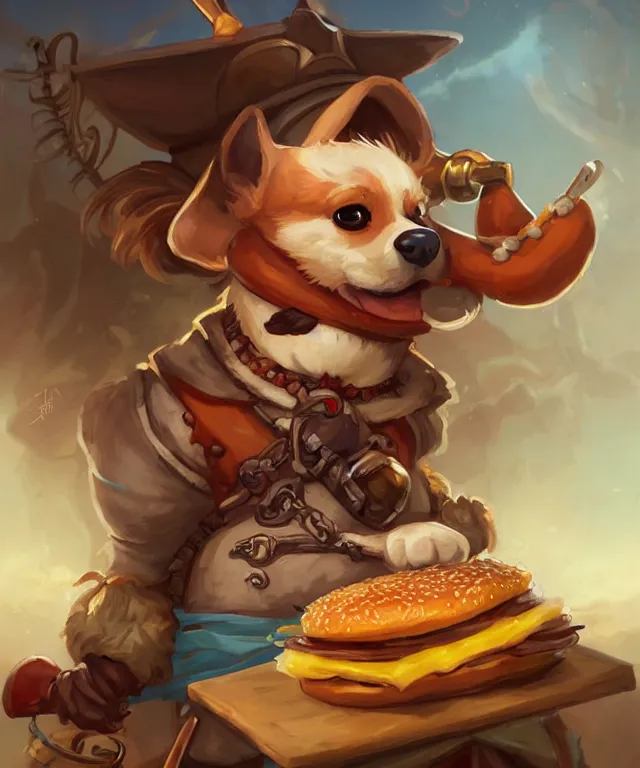 Image similar to a portrait of an anthropomorphic corgi pirate eating hamburgers and fries, restaurant in background, cute and adorable, dnd character art portrait, well rendered matte fantasy painting, deviantart artstation, by jason felix by steve argyle by tyler jacobson by peter mohrbacher, cinematic lighting