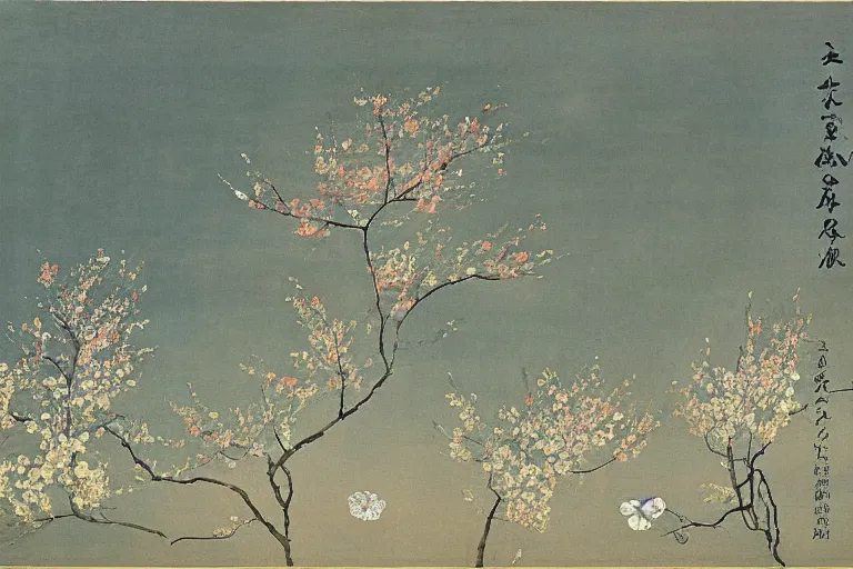 Image similar to an ultradetailed landscape painting of scenic westlake in china hangzhou, light yellow may flowers blossoms nearby, autumn wind, chinese water color, smooth, by hilma af klint