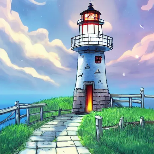 Image similar to beautiful cute cozy little lighthouse by the sea and a cozy cottage, well and fence, puffy clouds, stars, moon, anime style of hayao miyazaki, digital art trending on artstation