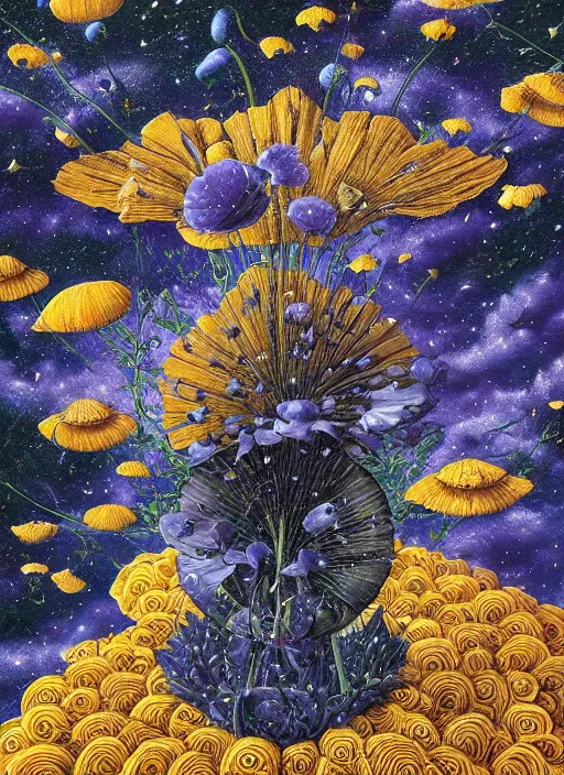 Image similar to detailed, intricate blue black and purple papaverum flower on the field, nebula, galaxy in the sky, winning award masterpiece, fantastically beautiful, illustration, aestheticly inspired, jacek yerka, upscale with anguissola sofonisba work, artstation, 8 k