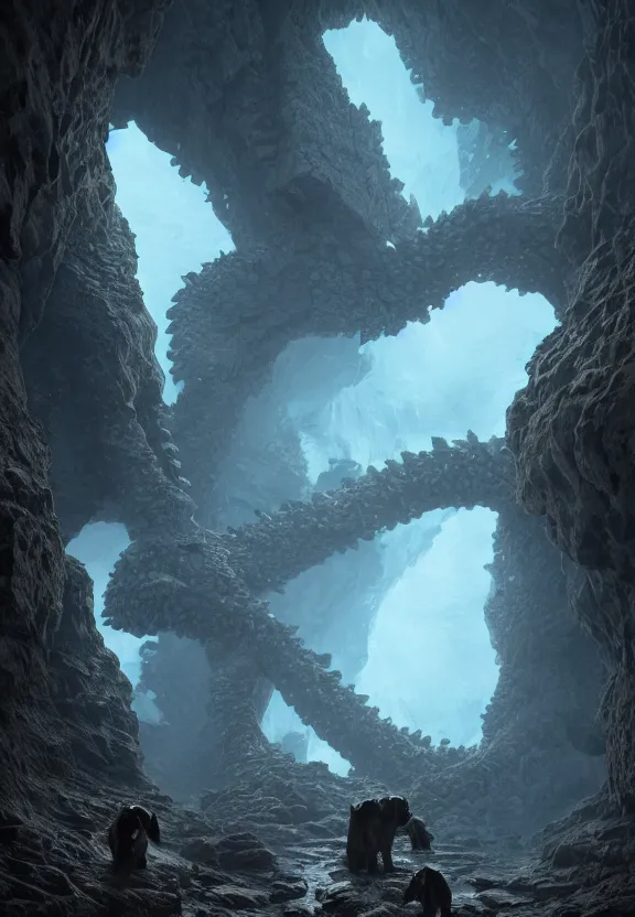 Prompt: three lovecraftian mastiffs attacking inside a claustrophobic dark blue canyon of stone, tentacles of black shadow, digital art, greg rutkowski, lovecraft, unreal engine, octane render, cinematic lighting, highly detailed