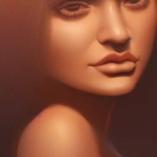 Image similar to a closeup portrait of a kylie jenner, dramatic light, lake background, sunset, dark, painted by stanley lau, painted by greg rutkowski, painted by stanley artgerm, digital art, trending on artstation