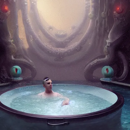 Prompt: UHD photorealistic Lovecraftian Dagon in aa hot tub with Elon Musk, in the style of tonalism by Greg Rutkowski, trending on Artstation, hyperrealistic, correct details, symmetrical faces