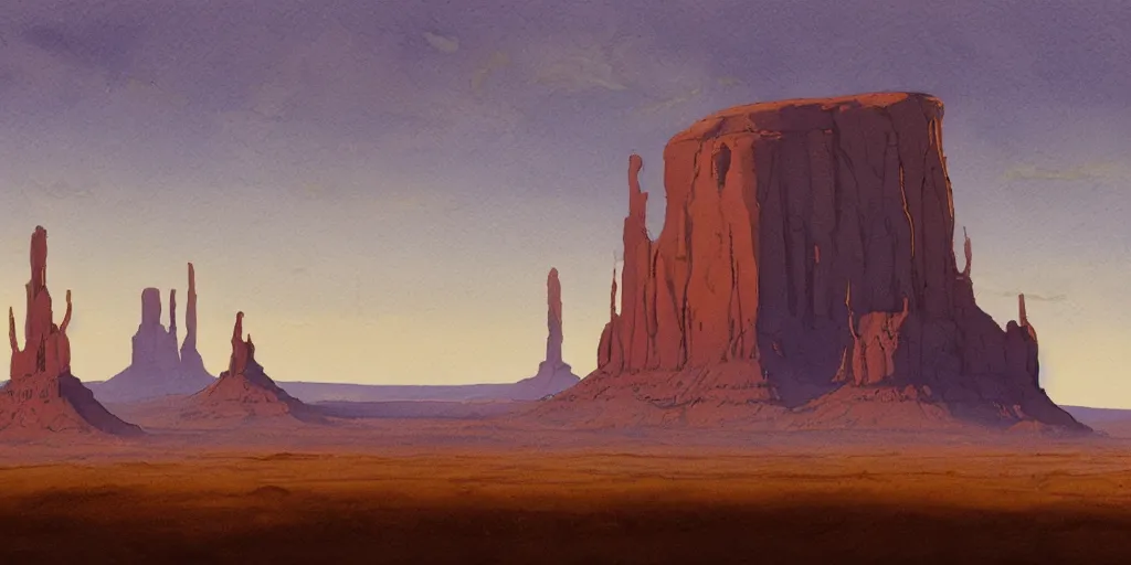 Prompt: a hyperrealist watercolor concept art of a giant ufo from independce day on the horizon of monument valley. a medieval monk in grey robes is in the foreground. golden hour. very muted colors, by rebecca guay, michael kaluta, charles vess. high detail, hq, wide shot, 4 k