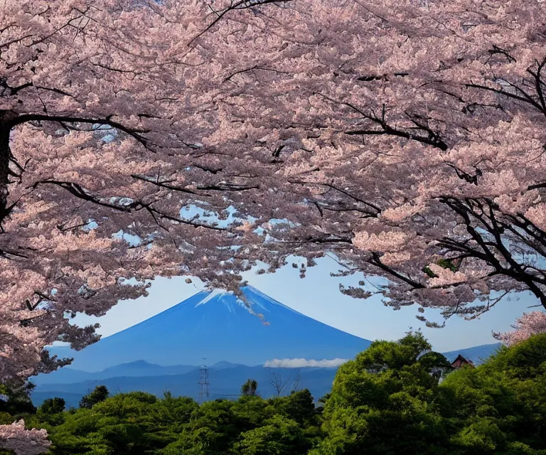 Image similar to a photo of mount fuji, japanese landscape, sakura trees, seen from a window of a train. beautiful!!!