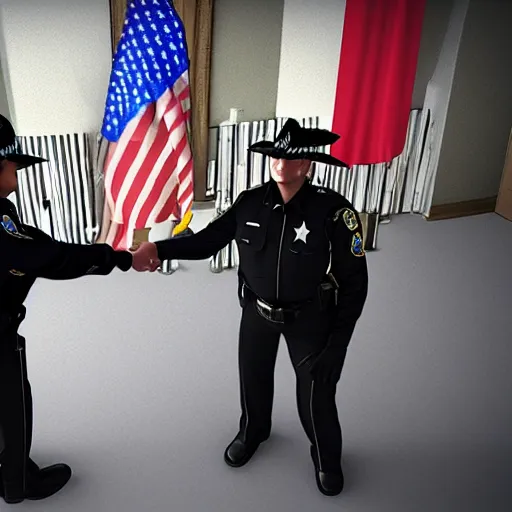 Prompt: A police officer shaking hands with a sheriff, photorealistic