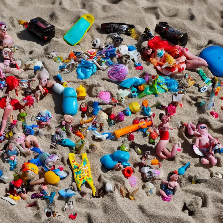 Image similar to surreal hyperrealistic photograph of a beach, toy dolls and parts of toy dolls strewn about, shot toward the ocean