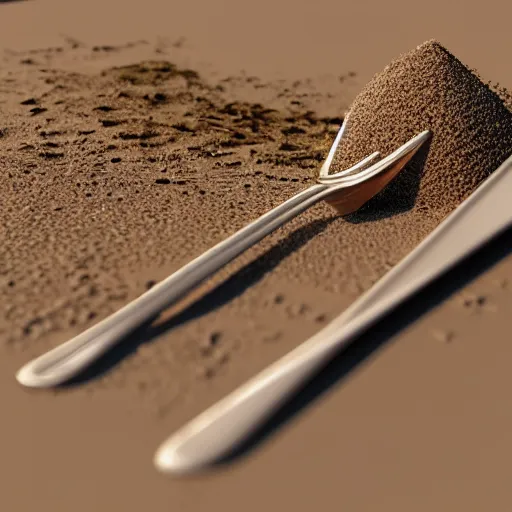 Image similar to a hyperdetailed fork made of sand, 3 d render, ultra high detail, octane render, rtx, hdr, the fork has a sand texture, the fork is on a plate, the plate is on a wooden table.