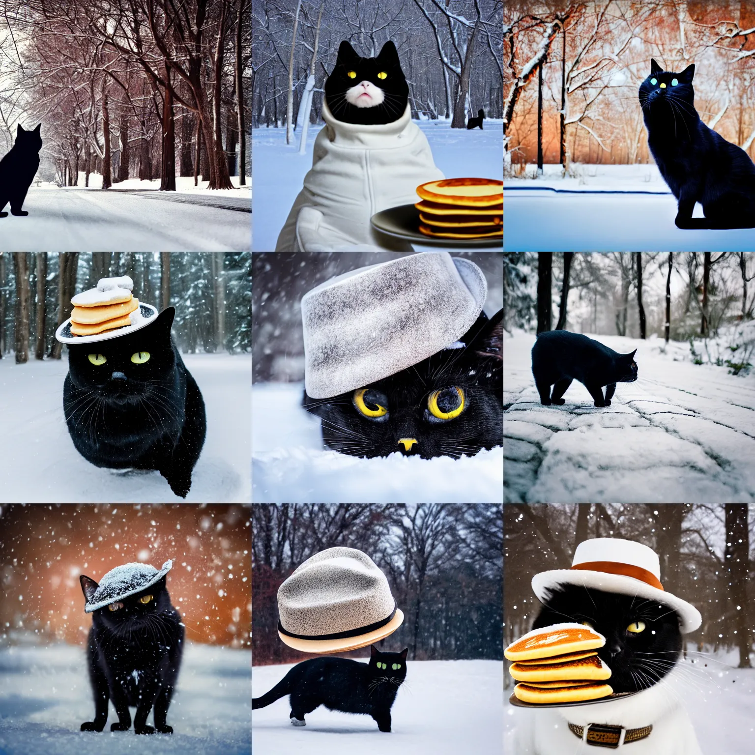 Prompt: fat black cat with pancake fedora on head in Minnesota winter, surreal, photography, focus