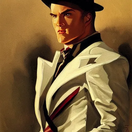 Prompt: a handsome man dressed as a superhero. beautiful painting with highly detailed face by leyendecker