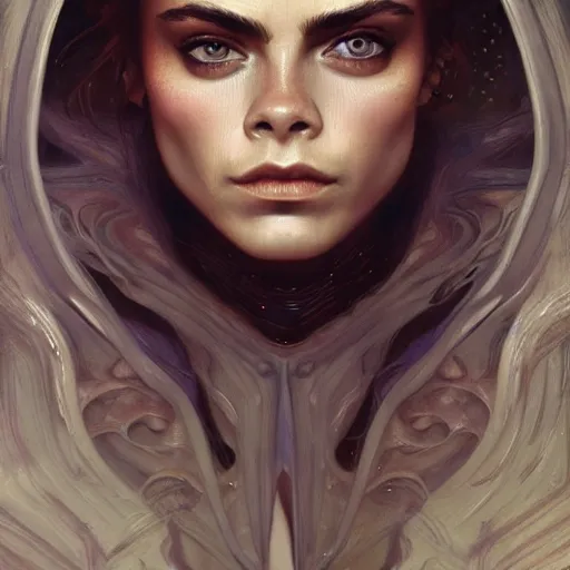 Image similar to Cara Delevigne , intricate, elegant, highly detailed, digital painting, artstation, HR GIGER, Hieronymus Bosch, Francis Bacon, concept art, smooth, sharp focus, illustration, art by artgerm and greg rutkowski and alphonse mucha