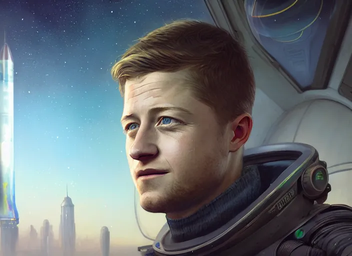 Image similar to highly detailed portrait of ben mckenzie in a space shuttle, in detroit : become human, stephen bliss, unreal engine, fantasy art by greg rutkowski, loish, rhads, ferdinand knab, makoto shinkai and lois van baarle, ilya kuvshinov, rossdraws, tom bagshaw, global illumination, radiant light, detailed and intricate environment