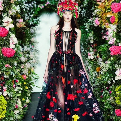 Image similar to beautiful model wearing valentino 2 0 1 4 cyber floral patterned layered dress fashion outfit, jeweled headpiece mystical crown, bright ruins environment background overgrown with flowers