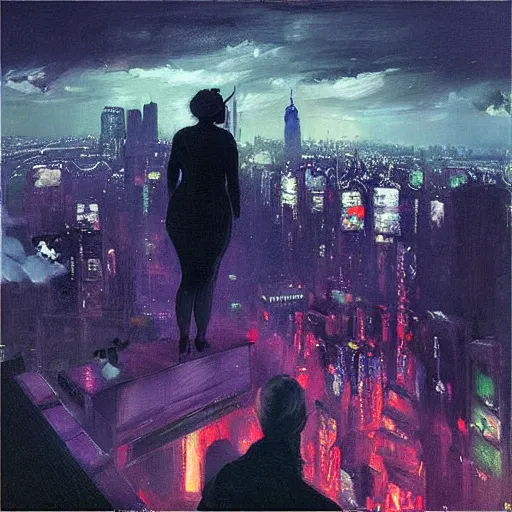 Image similar to “ a girl looking down at a futuristic new york city below, ghostpunk, neon lights, fog, storm clouds, rain, detailed face, oil painting, by george bellows ”