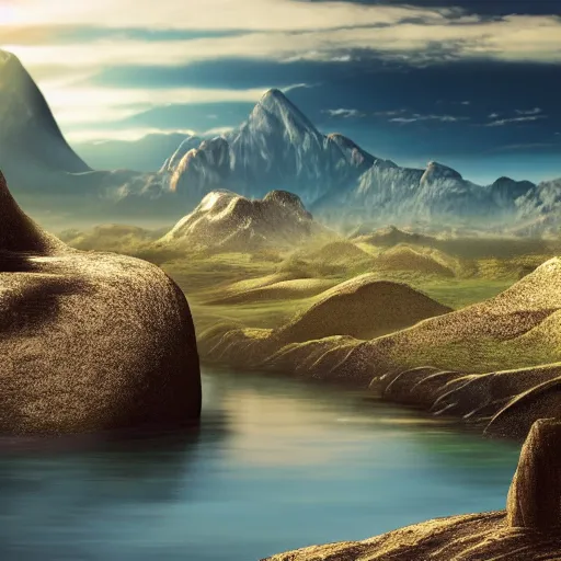 Prompt: The stone landscape with mountains in the background, Sci-Fi fantasy desktop wallpaper, painted, 4k, high detail, sharp focus