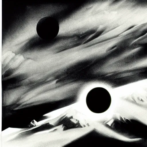 Prompt: dark solar eclipse, above rocky mountains, highly detailed, studio 4 k quality, by lillian bassman